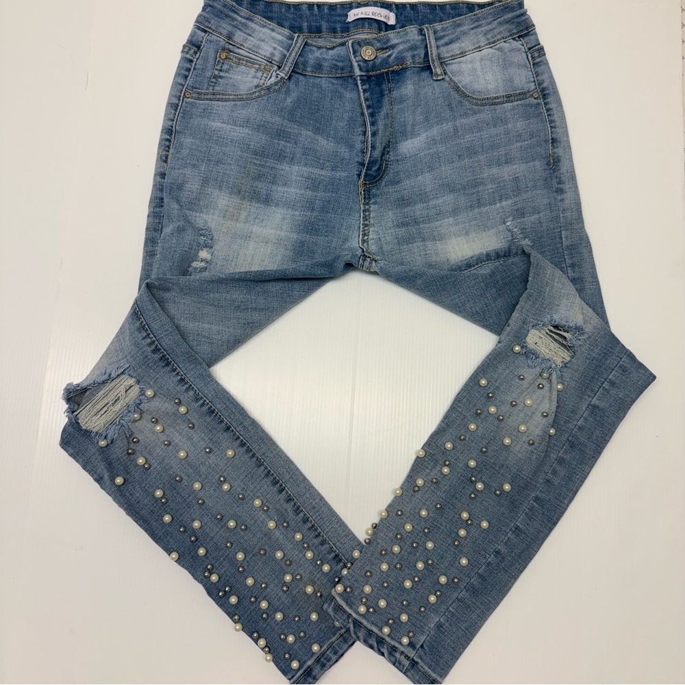 P108- Stylish Blue Pearl-Studded Skinny Jeans